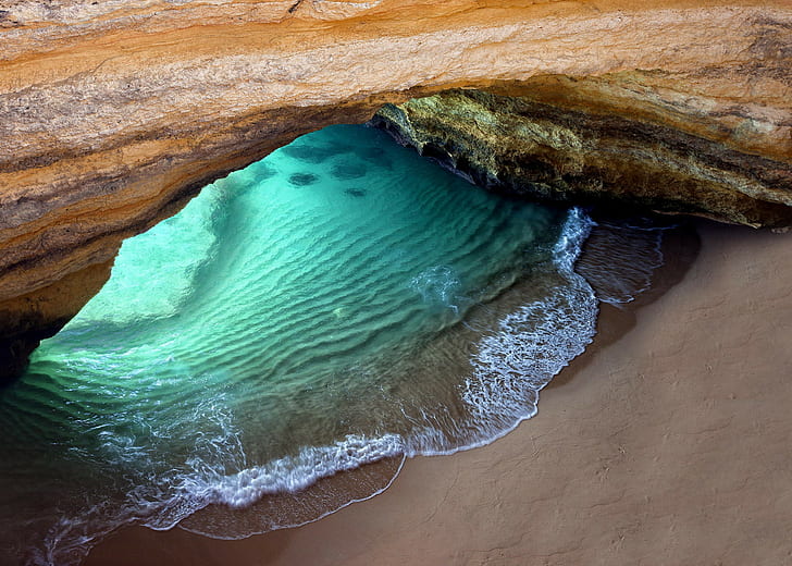 Gua dan samudera, Samudra, pantai, gua, batu, Wallpaper HD