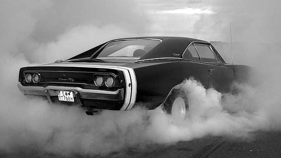 classic black Plymouth muscle car, muscle cars, Dodge Charger, Burnout, Dodge, monochrome, vehicle, HD wallpaper HD wallpaper
