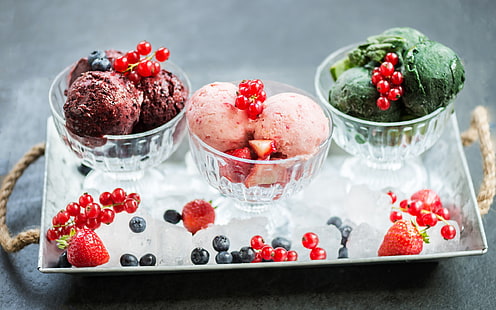 dessert, berries, fruit, ice cream, food, blueberries, strawberries, redcurrants, HD wallpaper HD wallpaper