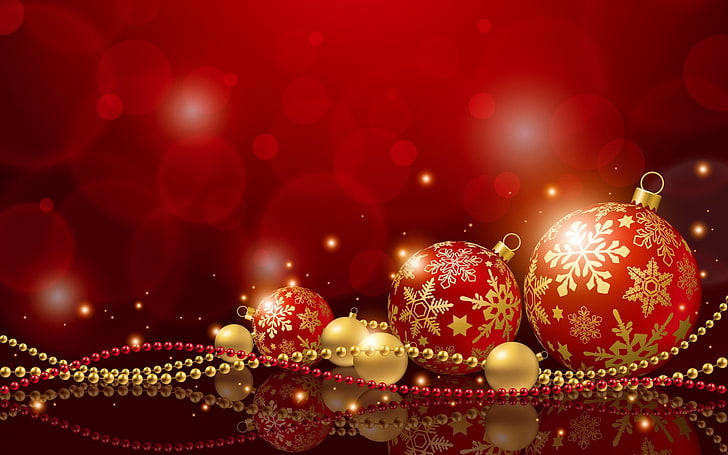 Balls new years-Merry Christmas New YearWallpaper, three red-and-gold Christmas baubles, HD wallpaper