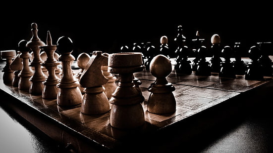 jogo de tabuleiro de xadrez de madeira marrom conjunto, xadrez, closeup, HD papel de parede HD wallpaper