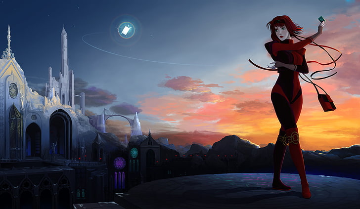 жена в червен костюм измислен герой цифров тапет, жена, храм, небе, изкуство, HD тапет