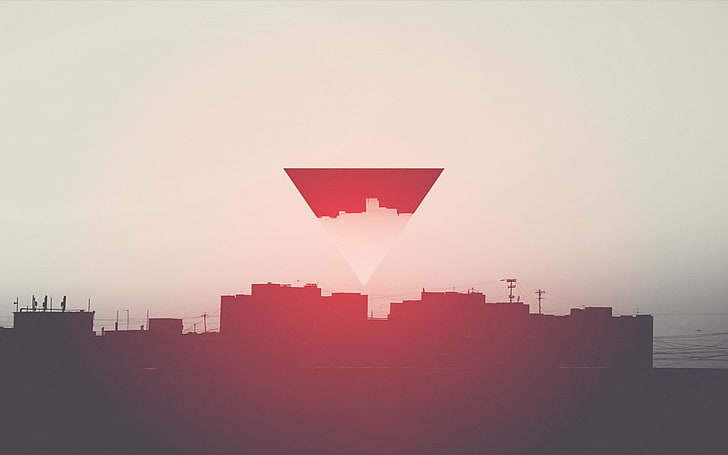 силуэтная фотография города, солнце над бетонным зданием, минимализм, треугольник, город, цифровое искусство, аннотация, HD обои