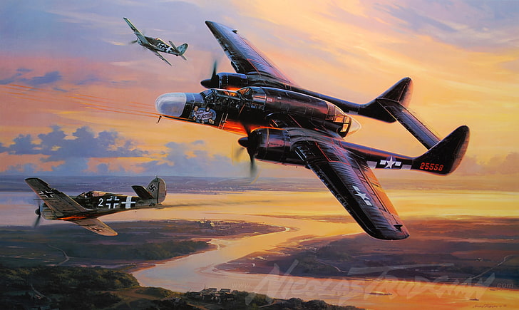 fighter plane digital wallpaper, the plane, Fighter, painting, P-61, Black Widow, WW2, aircraft art, P-61 Black Widow, HD wallpaper