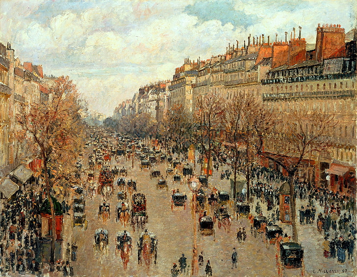 tłum ludzi w pobliżu malowanie budynków, miasto, ulica, Francja, obraz, Camille Pissarro, Boulevard Montmartre w Paryżu, Tapety HD