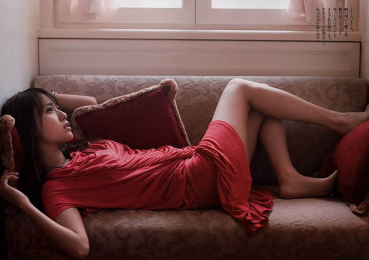 women's red dress, women, Asian, couch, red dress, cushions, model, legs, HD wallpaper