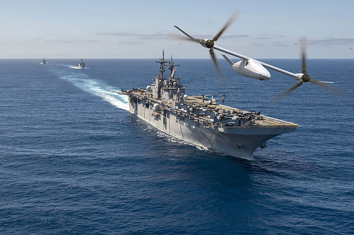 buque de guerra gris con caza a reacción en el mar, Vigilante Bell V-247, Helicóptero Bell, HD, Fondo de pantalla HD