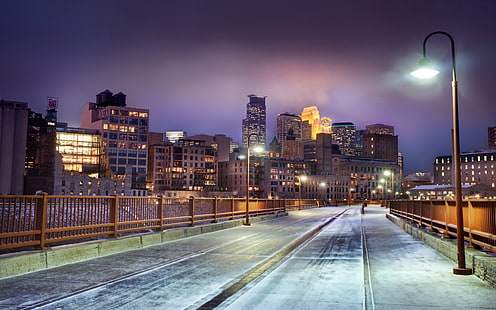 Minnesota, zima, HDR, Stone Arch Bridge, Minneapolis, pejzaż miejski, Tapety HD HD wallpaper