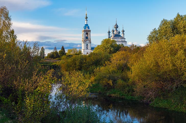 秋、教会、川、ヤロスラヴリ州、サヴィンスカヤ、アンドレイ・グバノフ、 HDデスクトップの壁紙