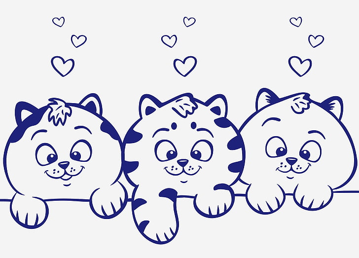 세 개의 파란색 고양이 그림, 귀여운 고양이, 사랑의 마음, 4K, HD 배경 화면