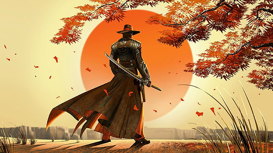мужчина держит меч цифровые обои, меч, солнце, катана, HD обои HD wallpaper