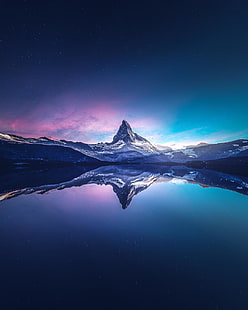 body of water, landscape, mountains, lake, snow, reflection, Matterhorn, dawn, HD wallpaper HD wallpaper