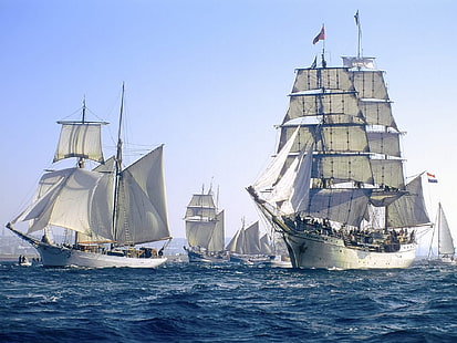 кораби с бял клипер, ветроходен кораб, море, хора, кораб, лодка, HD тапет HD wallpaper