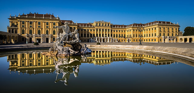 water, reflection, Austria, fountain, sculpture, Palace, Vienna, Schönbrunn Palace, Schonbrunn Palace, HD wallpaper HD wallpaper