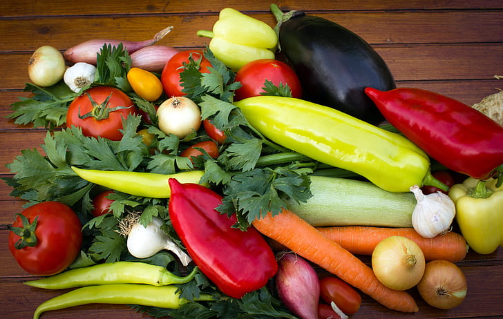 greens, bow, eggplant, pepper, vegetables, tomatoes, carrots, peppers, HD wallpaper
