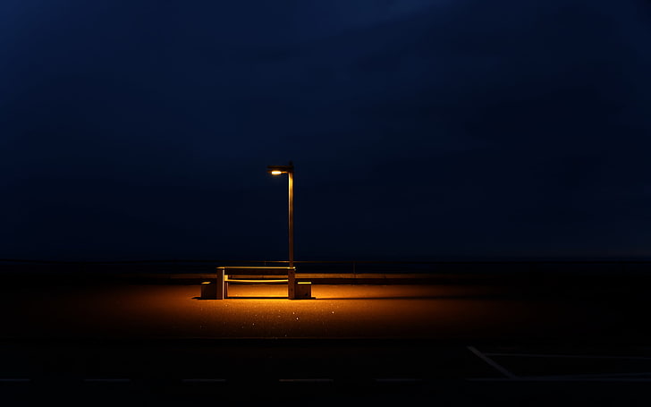 bench and street post, night, lamp, bench, HD wallpaper