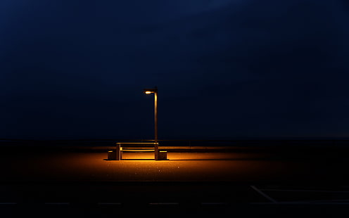 bench and street post, night, lamp, bench, HD wallpaper HD wallpaper