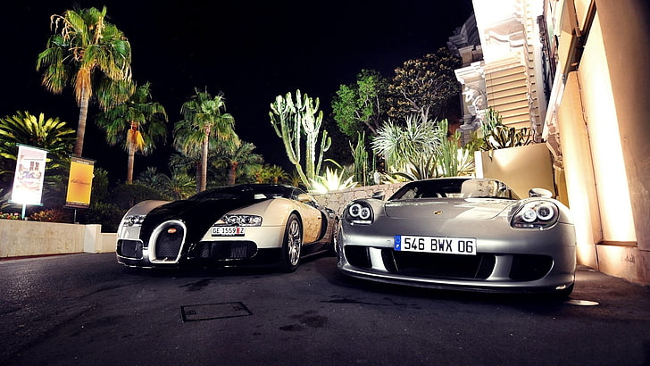 รถเก๋งปอร์เช่สีเงิน, Bugatti Veyron, ปอร์เช่, ปอร์เช่คาร์เรร่า GT, รถยนต์, วอลล์เปเปอร์ HD