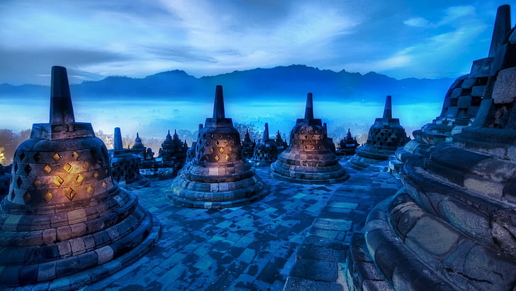 Borobudur, Indonésie, temple, paysage, bouddhisme, antique, Fond d'écran HD