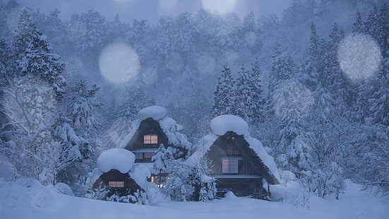 snöstorm, snöfall, snöig, stuga, by, bergsby, hus, is, berg, bergskedja, snö, atmosfär, gran, vinterstorm, stock, himmel, träd, frysning, frost, vinter, HD tapet HD wallpaper