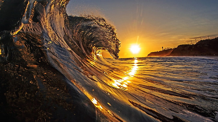 gelombang laut, laut, matahari terbit, pulau, Wallpaper HD