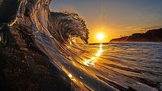 海の波、海、日の出、島、 HDデスクトップの壁紙 HD wallpaper
