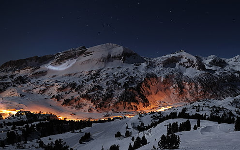 планина, покрита със сняг, планини, сняг, продължителна експозиция, нощ, светлини, дървета, звезди, рок, зима, пейзаж, студ, Канада, природа, небе, село, Алпи, Швейцария, HD тапет HD wallpaper