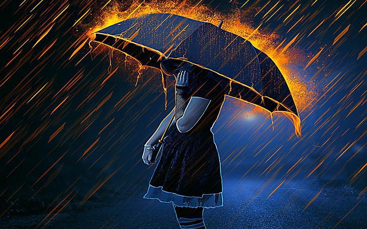 Anime, donne, fuoco, ragazza, pioggia, ombrello, donna, Sfondo HD