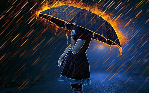 Anime, kobiety, ogień, dziewczyna, deszcz, parasolka, kobieta, Tapety HD HD wallpaper