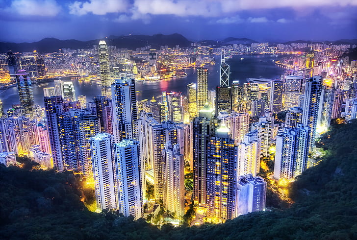 widok z góry miasta nocą, Electric City, Comes, Alive, top, view, nighttime, Hong Kong, d2x, Portfolio, Hdr, hk, chinese, hong kong, radio, electric, downtown, colourful, yellow, sunset, blog, perfect chłodna noc, życie nocne, rzeka, budynki, miasto, fotograf, profesjonalista, Nikon, fotografia, panorama, szczegóły, perspektywa, ujęcie, zdjęcie, oszałamiające, przechwytywanie, obraz, zdjęcie, krawędź, kąt, linie, kompozycja, przetwarzanie, obróbka, ruchy, kadrowanie, oświetlenie, światło, odbicia, tony, magiczny, tekstura, ekspozycja, kolory, atmosfera, arcydzieło, noc, pejzaż miejski, azja, architektura, miejski Skyline, drapacz chmur, dzielnica śródmieścia, Chiny - Azja Wschodnia, scena miejska, słynne miejsce , wieża, biznes, Tapety HD