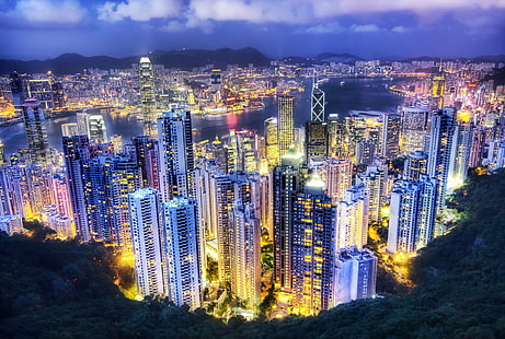 widok z góry miasta nocą, Electric City, Comes, Alive, top, view, nighttime, Hong Kong, d2x, Portfolio, Hdr, hk, chinese, hong kong, radio, electric, downtown, colourful, yellow, sunset, blog, perfect chłodna noc, życie nocne, rzeka, budynki, miasto, fotograf, profesjonalista, Nikon, fotografia, panorama, szczegóły, perspektywa, ujęcie, zdjęcie, oszałamiające, przechwytywanie, obraz, zdjęcie, krawędź, kąt, linie, kompozycja, przetwarzanie, obróbka, ruchy, kadrowanie, oświetlenie, światło, odbicia, tony, magiczny, tekstura, ekspozycja, kolory, atmosfera, arcydzieło, noc, pejzaż miejski, azja, architektura, miejski Skyline, drapacz chmur, dzielnica śródmieścia, Chiny - Azja Wschodnia, scena miejska, słynne miejsce , wieża, biznes, Tapety HD HD wallpaper