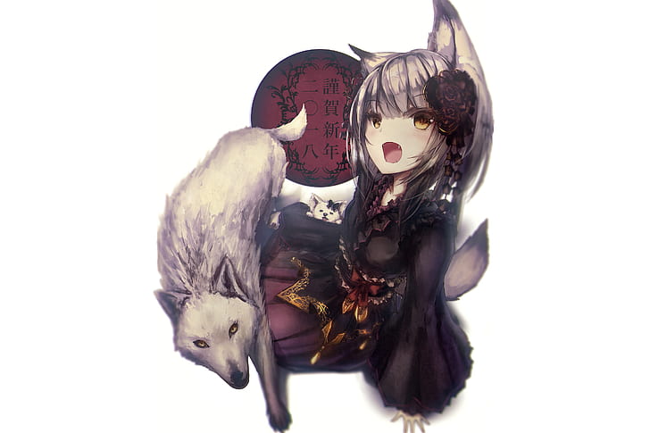 anime, anime girls, original characters, animals, wolf, wolf girls, white background, yellow eyes, open mouth, looking at viewer, grey hair, HD wallpaper