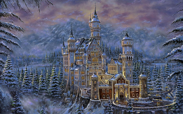 illustration de château gris, montagnes, château, figure, arbre, Robert Finale, Fond d'écran HD