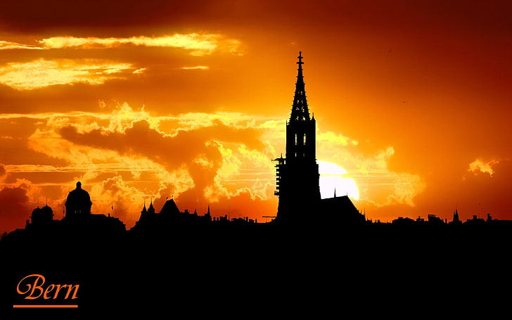 Bern, kaki langit, kota, matahari terbenam, lanskap kota, Wallpaper HD
