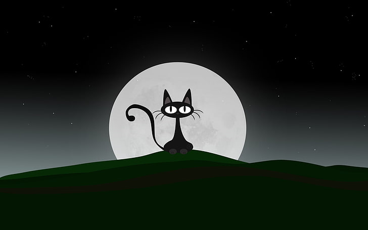 ilustração dos desenhos animados de gato preto, a lua, vetor, Koshak, HD papel de parede