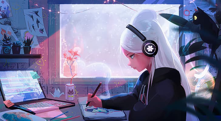 artwork, women, white hair, headphones, laptop, cats, HD wallpaper
