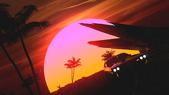  Sunset, The sun, Auto, Music, Machine, Style, Palm trees, 80s, Illustration, Concept Art, Vehicles, 80's, Synth, Retrowave, Transport, Synthwave, New Retro Wave, Futuresynth, Sintav, Retrouve, Outrun, Transport and Vehicles, Trey Trimble, by Trey Trimble, HD wallpaper HD wallpaper