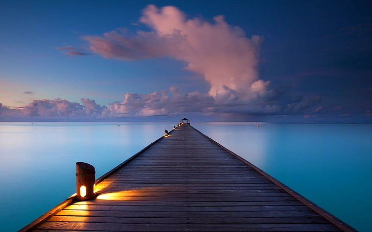 brown wooden dock, walkway, clouds, sea, nature, landscape, Maldives, tropical, lamp, lights, horizon, pier, HD wallpaper