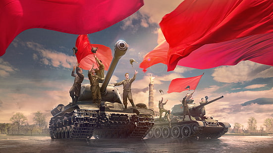 figura, área, arte, alegria, vermelho, tanques, bandeiras, mundo dos tanques, navios-tanque, soviético, WOT, HD papel de parede HD wallpaper