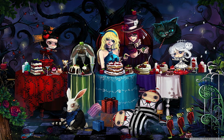 Alice In Wonderl Tea Party, dużo postaci z kreskówek, kraina czarów, alicja, tweedledum, biała królowa, kot z cheshire, biały królik, tweedledee, czerwona quee, Tapety HD