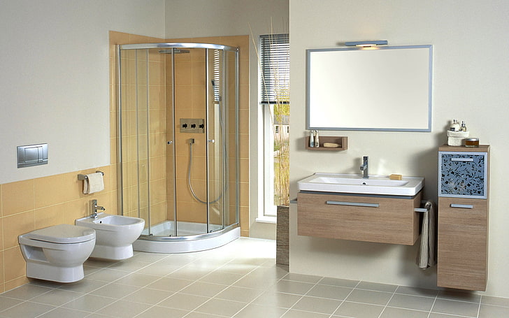 meuble vasque brun et blanc, salle de bain, mobilier, chambre, confort, style, design, Fond d'écran HD