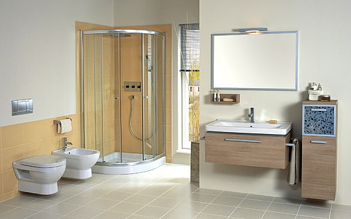 brązowo-biała umywalka, łazienka, meble, pokój, komfort, styl, design, Tapety HD HD wallpaper