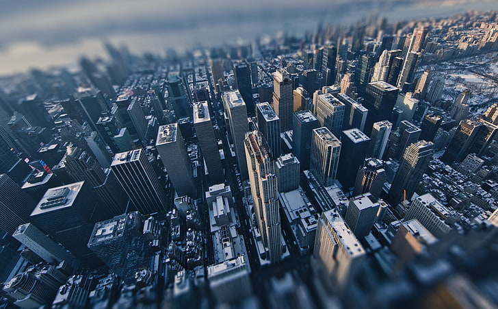 Aerial View of New York City Tilt-Shift..., brown concrete building, United States, New York, Above, City, Buildings, Covered, Snow, Aerial, Urban, Center, newyork, newyorkcity, aerialview, Rockefeller, HD wallpaper
