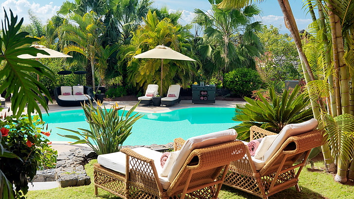 resort, leisure, swimming pool, palm tree, backyard, villa, hacienda, sunlounger, HD wallpaper