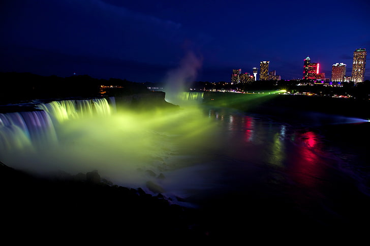 Niagara Falls, light, night, the city, lights, river, waterfall, home, USA, spotlight, Niagara Falls, HD wallpaper