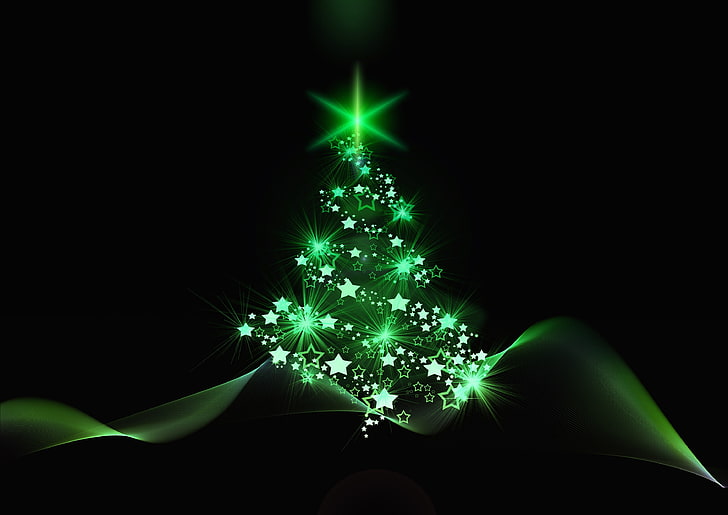arbre de noël vert étoile papier peint numérique, arbre de noël, noël, nouvel an, art, Fond d'écran HD