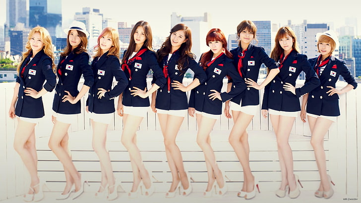 muito terno de aeromoça preto feminino, SNSD, Girls 'Generation, K-pop, mãos nos quadris, HD papel de parede
