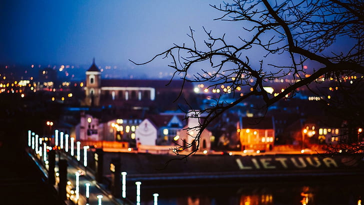 Каунас, Литва, град, нощ, десктоп, изглед отгоре на град, Каунас, Литва, град, нощ, десктоп, HD тапет