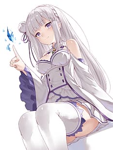 fond simple, décolleté, Emilia (Re: Zero), oreilles pointues, Re: Zero Kara Hajimeru Isekai Seikatsu, hauts de cuisse, cheveux blancs, yeux violets, robe, fond blanc, Fond d'écran HD HD wallpaper
