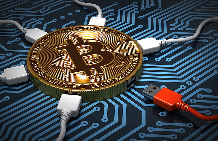red sync cable, abstraction, chip, money, fee, track, connection, art, blue color, center, coin, processor, gold, wallpaper., bitcoin, cryptocurrency, usb controllers, HD wallpaper